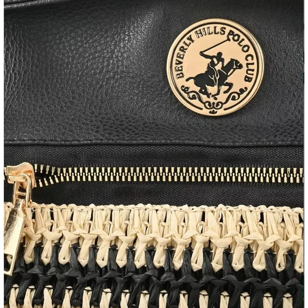 Beverly‎ Hills Polo Club Women Black Straw Stripe Tote Bag Gold Logo NWT